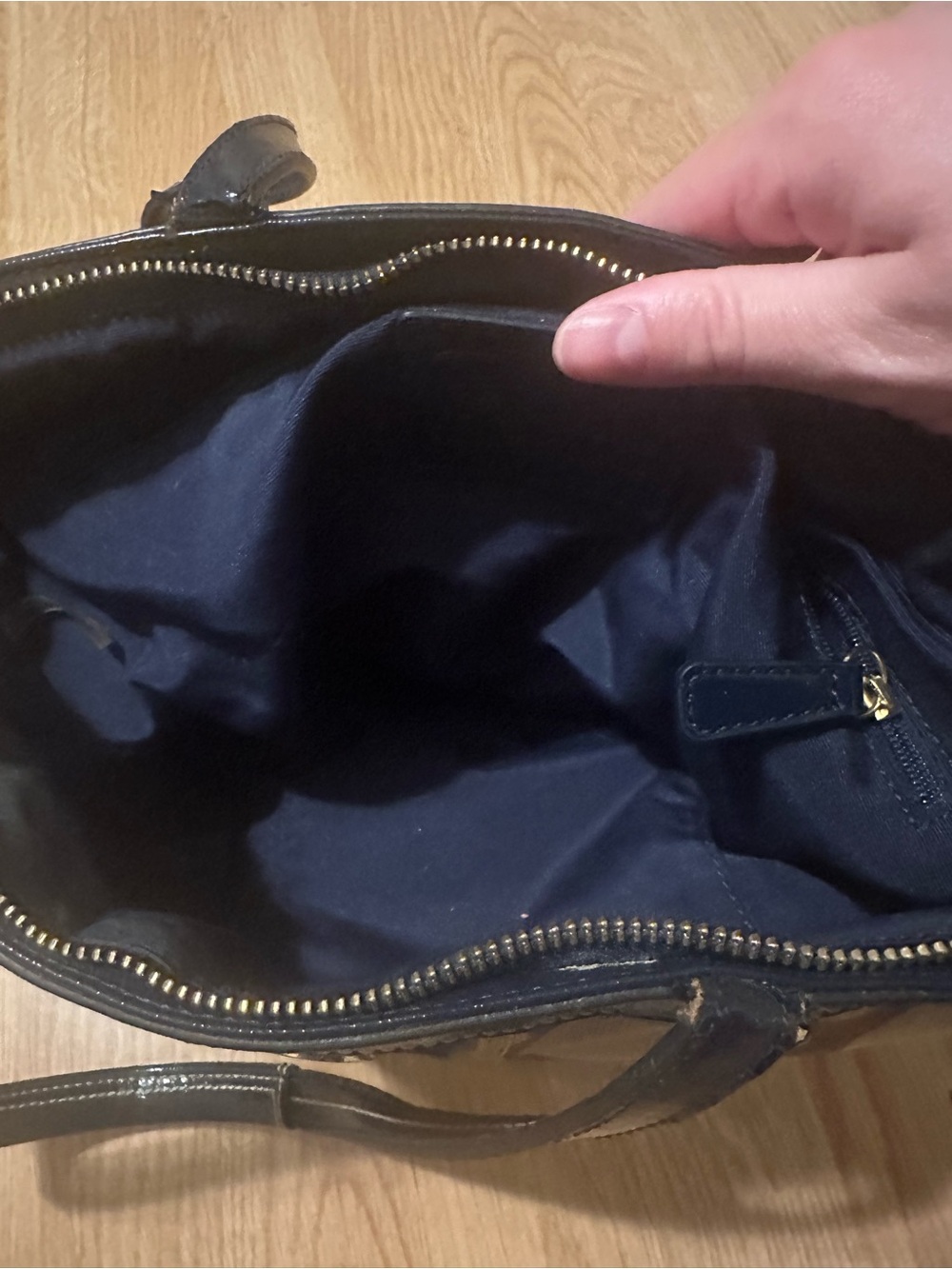 Coach Brown Signature Canvas Tote with Navy Center Stripe - Picture 8 of 11